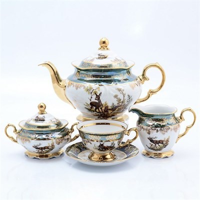 Чайный сервиз на 6 персон Queen's Crown Корона Охота зеленая 15 предметов - фото 14860