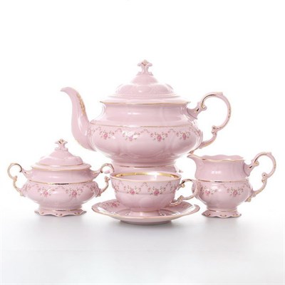 Чайный сервиз на 6 персон 17 предметов Соната Мелкие цветы Розовый фарфор - фото 17988