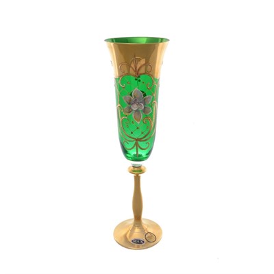 Фужер для шампанского Лепка зеленая золотая ножка Bohemia Uhlir 180 мл(1 шт) - фото 26967