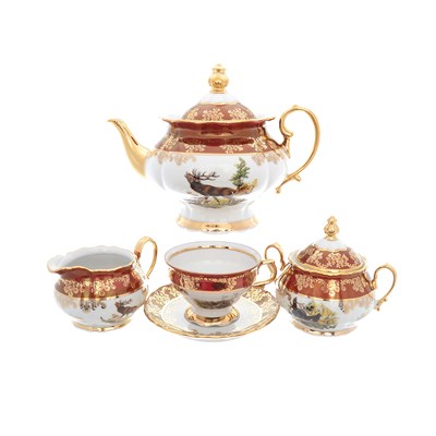 Чайный сервиз на 6 персон Queen's Crown Aristokrat Охота красная 15 предметов - фото 36232