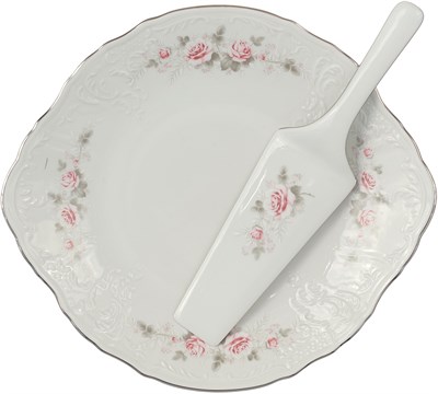 Тарелка для торта с лопаткой 27 см "Bernadotte" декор "Бледная роза, отводка платина" - фото 39353