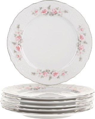 Набор тарелок мелкая 21 см 6 штук "Bernadotte", декор "Бледная роза, отводка платина" - фото 39360