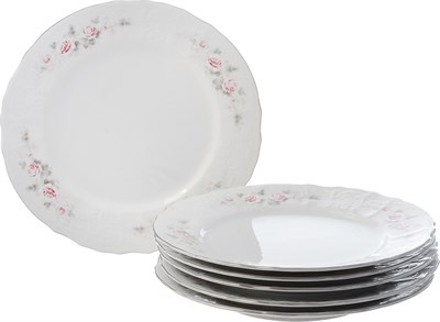 Набор тарелок мелкая 25 см 6 штук "Bernadotte" декор "Бледная роза, отводка платина" - фото 39364