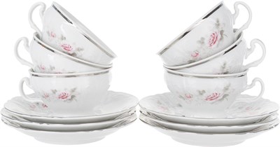 Набор чайных пар 205 мл Bernadotte декор "Бледная роза, отводка платина" (6 пар) низкая чашка - фото 39382