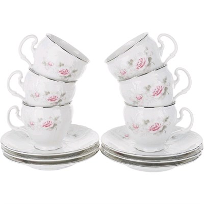 Набор чайных пар 240 мл Bernadotte декор "Бледная роза, отводка платина" (6 пар) высокая чашка - фото 39401