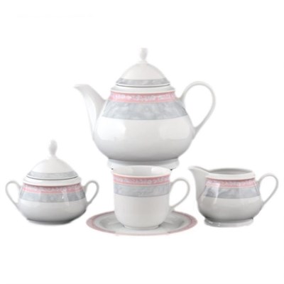 Чайный сервиз на 6 персон Thun Яна Серый мрамор с розовым кантом 15 предметов - фото 39726