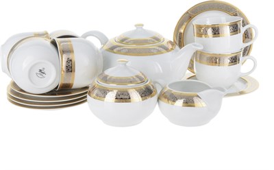 Чайный сервиз на 6 персон Thun Opal Широкий кант платина с золотом 15 предметов - фото 40159