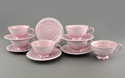 Набор чайных пар 200 мл "Белый узор, Соната" розовый фарфор Leander (6 пар) - фото 52083