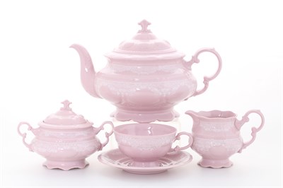 Сервиз чайный на 6 персон "Белый узор, Соната" розовый фарфор Leander 15 предметов - фото 59844