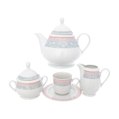Чайный сервиз на 6 персон Thun Яна серый мрамор с розовым кантом 17 предметов - фото 62538