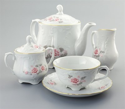 Чайный сервиз на 6 персон Rococo, декор "Бледные розы, отводка золото" Cmielow 15 предметов - фото 66914