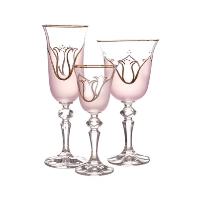 Набор фужеров Тюльпан Кристина розовый Crystalex Bohemia 18 предметов (бокалы для вина 220 мл, фужеры для шампанского 150 мл, рюмки 60 мл) - фото 81979