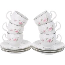 Набор чайных пар 240 мл Bernadotte декор "Бледная роза, отводка платина" (6 пар) высокая чашка