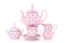 Чайный сервиз на 6 персон Мэри-Энн "Синие цветы" Розовый фарфор Leander 15 предметов