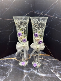 Пара свадебных фужеров 23 см / белая с сиреневой розой + стразы 001505